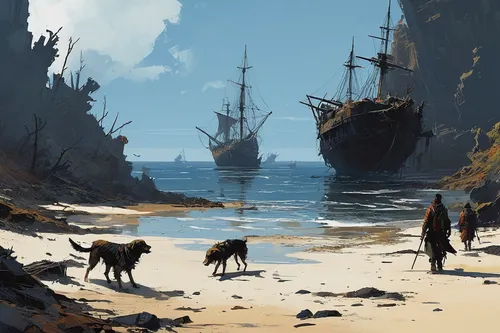 old ships,exploration of the sea,ship wreck,fishermen,sea-shore,imperial shores,on the shore,foreshore,travelers,fantasy landscape,monkey island,harbor,sea landscape,caravel,coastal landscape,stranded,shipwreck,fishing village,shore line,boat landscape,Conceptual Art,Sci-Fi,Sci-Fi 01