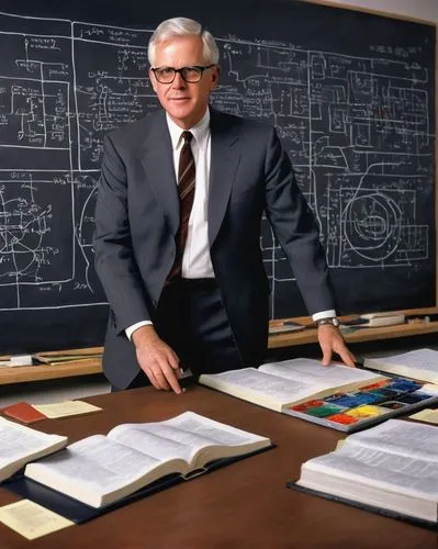 John L Hennessy, Stanford professor, 60s, grey hair, glasses, suit, white shirt, tie, lecturing, standing, university classroom, wooden desk, blackboard, computer hardware diagrams, circuit boards, wi