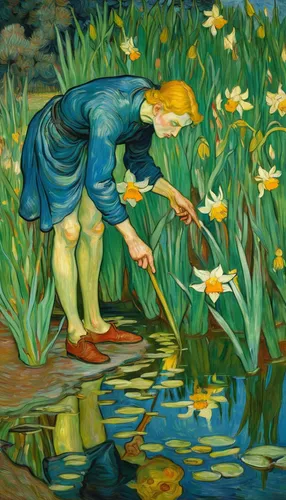 Create a tragic story where a vengeful spirit embodies the spirit of Narcissus.,narcissus,girl picking flowers,narcissus of the poets,jonquils,swamp iris,yellow iris,vincent van gough,water-the sword 