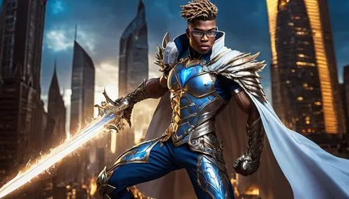 Fantasy, futuristic, majestic Jamarius Quangle Dangle, muscular male, 25yo, strong jawline, piercing blue eyes, short spiky hair, silver-rimmed glasses, intricate armor, metallic shoulder pads, flowin