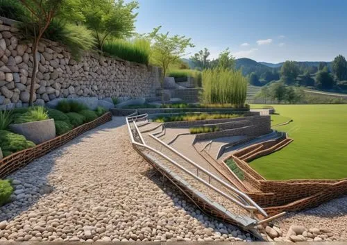 Gabion walls with planting on the wall, with path leading down to bottom with water flowing down ,landscape designers sydney,golf lawn,landscape design sydney,artificial grass,feng shui golf course,in