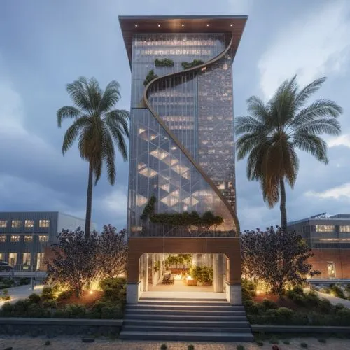 a very tall glass building has steps to the top,largest hotel in dubai,abidjan,habtoor,pan pacific hotel,rotana,dubai frame,Photography,General,Realistic