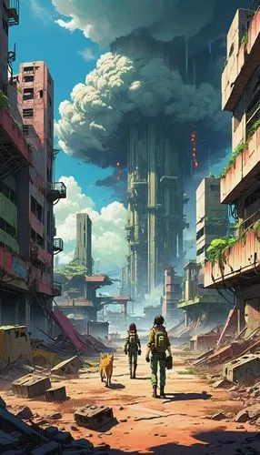 post-apocalyptic landscape,postapocalyptic,gunkanjima,post apocalyptic,hawken,destroyed city,Illustration,Japanese style,Japanese Style 03