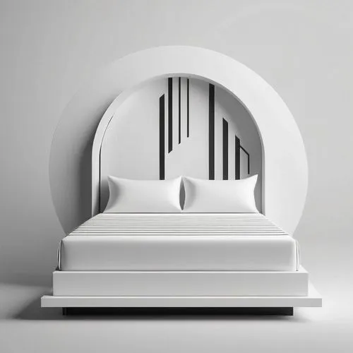 Design a minimalist 3D logo featuring a bed with the word "BEDROOM" positioned underneath in a simple, sans-serif font. Utilize clean black and white lines to maintain a modern and sophisticated aesth