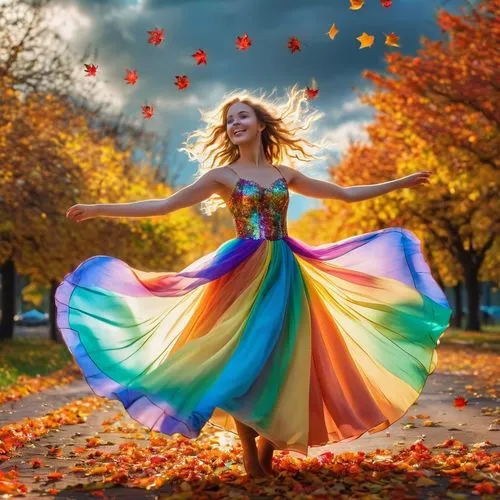 Girl in neon flower light dress dancing under autumn falling leaves Rainbow soft clouds rolling like waves, sky view cosmic space, light brown pretty girl enchantress lost cosmic fairy light ,autumn b