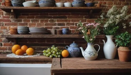 plate shelf,astier,vintage kitchen,enamelware,scullery,wooden shelf,stoneware,greengate,creuset,tile kitchen,homewares,limewood,kitchen interior,inglenook,larder,kitchen garden,shelves,ceramicist,home corner,clay jugs,Photography,Documentary Photography,Documentary Photography 30