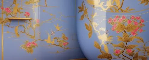 Create a wallpaper inspired by chinoiserie,a blue and gold painted wall next to a shelf,fromental,gournay,wallcoverings,yellow wallpaper,wallcovering,wallpapering,Photography,General,Realistic