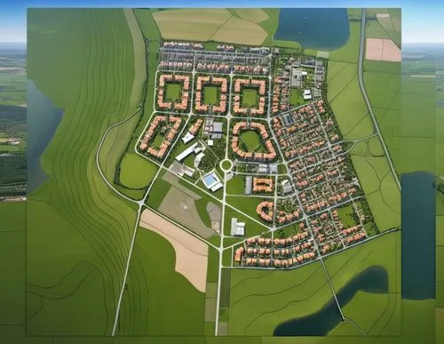 This is a masterplan of the country rendered in a modern style.  ,this is an artist's impression of a green area with lots of housing,roskilde,new housing development,ecovillages,rattay,teutoburg,vosb