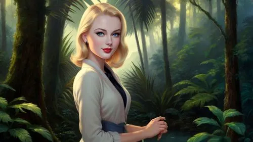 Romantic masterpiece oil painting, beautiful girl portrait, nostalgic 1950's style kitsch, vibrant rainforest landscape, lush tropical jungle paradise, beautiful natural scenery, lost wilderness, by T