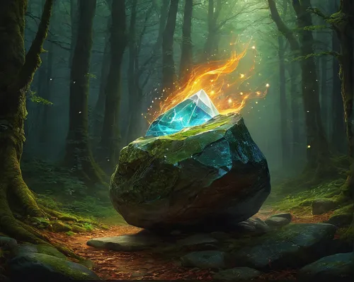 druid stone,healing stone,magic grimoire,shard of glass,fantasy picture,fantasy art,cauldron,lotus stone,burning tree trunk,salt crystal lamp,balanced boulder,fire ring,divination,burning torch,astral traveler,light bearer,forest dragon,cleanup,crystal egg,witch's hat icon,Conceptual Art,Daily,Daily 11