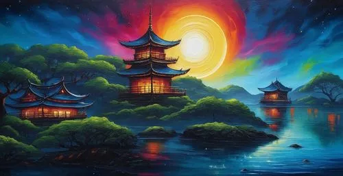 oriental lantern,fantasy landscape,pagodas,rongfeng,mid-autumn festival,fantasy picture,lanterns,night scene,zhongchen,palyul,khokhloma painting,illuminated lantern,asian architecture,oriental,oriental painting,japanese lantern,landscape background,yiping,shuozhou,asian lamp,Illustration,Realistic Fantasy,Realistic Fantasy 25