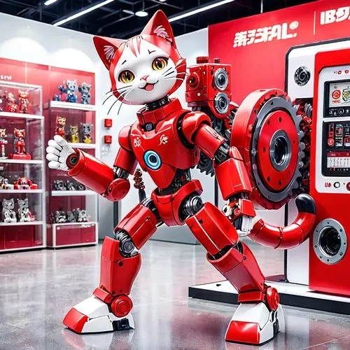 anthropomorphic cat red mannequin, robot made of red plastic, plastic exterior, plastic head, plastic face, plastic body, plastic mechanisms, plastic gears, friendly, smiling happily, approvachable, g