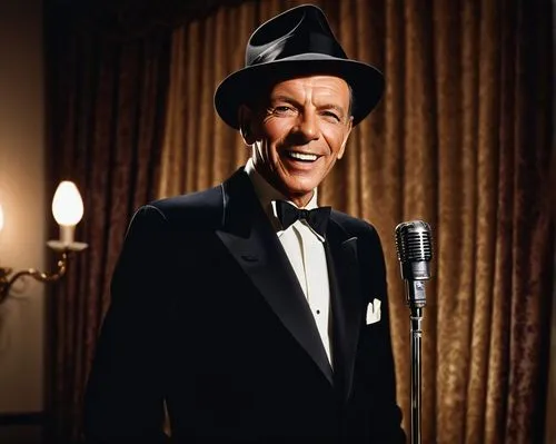 Mature man, Frank Sinatra, solo, (50yo), charismatic smile, brown eyes, slicked back hair, iconic fedora hat, black tuxedo, white shirt, black bow tie, diamond cufflinks, holding a microphone, standin