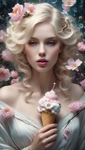 woman with ice-cream,pink ice cream,confection,cream rose,sugar roses,white rose snow queen,scent of roses,magnolia blossom,wild roses,eglantine,icecream,porcelain rose,sweet ice cream,ice cream,white lady,wild rose,whipped ice cream,fanning,soft ice cream,vanilla icecream,Conceptual Art,Fantasy,Fantasy 11