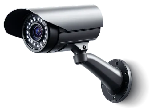 CCTV camera, metal body, sleek design, rotating lens, LED lights, wall-mounted, indoor surveillance, high-definition video, night vision, 45-degree angle, close-up shot, shallow depth of field, neutra