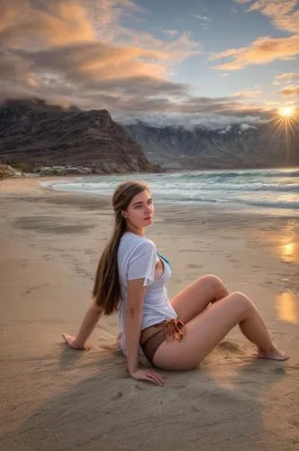 In the midst of a serene beach, a laupped caucasian girl with long brown hair, blue eyes, and piercing blue eyes gazes into the distance, her feet resting on the sandy sand. The sky above is a deep or