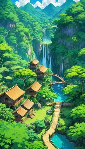 kanto,butka,mountain spring,green valley,landscape background,maplestory,teikoku,yamada's rice fields,hotsprings,kaitos,mountain village,alfheim,meteora,hotspring,machico,japan landscape,cartoon video game background,mountain valley,hoenn,fairy village,Illustration,Japanese style,Japanese Style 03