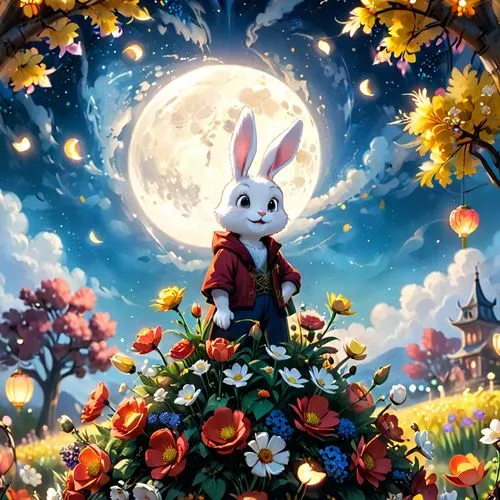 bunny on flower,peter rabbit,white rabbit,lapine,cartoon rabbit,cartoon bunny,Anime,Anime,Cartoon