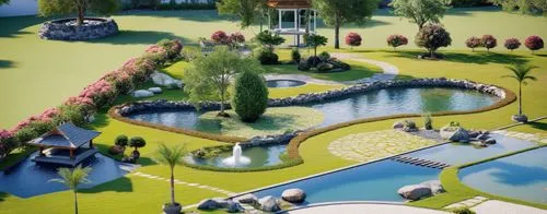 Design a garden featuring a traditional gazebo on grassy terrain, a beautiful koi pond, lush green grass, and an elegant fountain. Ensure the garden captures the essence of aesthetics with harmonious 