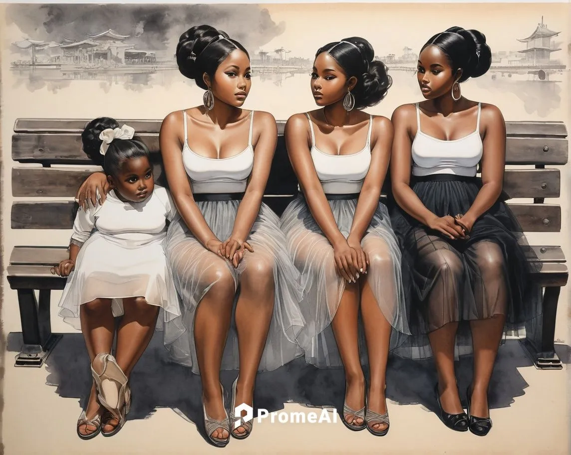 Oil painting of 3 beautiful dark-skinned chubby African nubian girls with large detailed eyes, wearing ombre tulle maxi skirts in different colors, flat shoes, camisole bra, sheer pantyhose, different