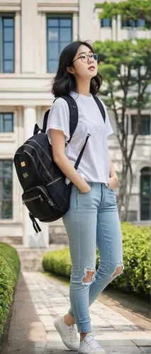 Korean architecture student, young adult, backpack, notebook, pencil case, glasses, messy black hair, casual wear, jeans, sneakers, studying abroad, foreign university campus, modern buildings, greene