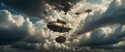 an artistic po shows the floating clouds with a large ship in them,airships,cloud atlas,mesocyclone,airship,cloud image,awan