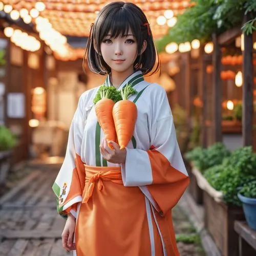 anime character,japanese style,girl,carrot,a female in a orange and white kimono holding some carrots,minmei,yongmei,kururi,mitsuki,hanbok,yanmei,Photography,General,Realistic