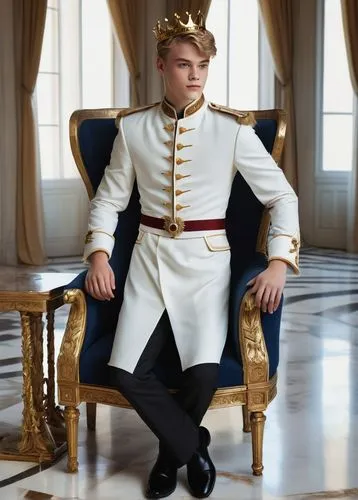 Prince Tommen, handsome young man, royal attire, white shirt, black trousers, golden crown, blue eyes, soft facial features, gentle smile, standing, grand throne room, luxurious curtains, marble floor