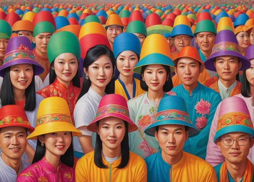 A vibrant festival filled with music, dance, and people wearing vibrant Asian conical hats.,asian conical hat,hat manufacture,the h'mong people,global oneness,korean culture,devotees,colourful pencils