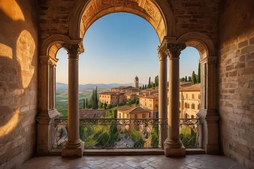 Ancient Roman architecture, Italian Renaissance style, grand scale, ornate details, Baroque decorations, marble columns, arched windows, domed roofs, intricate stone carvings, vibrant frescoes, Tuscan