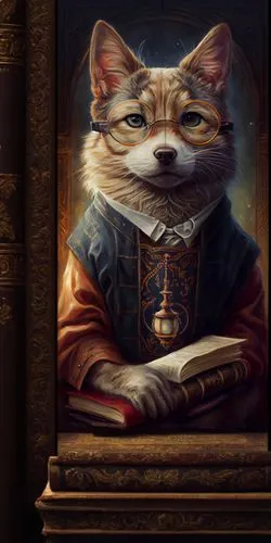 a cat with glasses and a book in its lap,redwall,red tabby,scholar,mordenkainen,cat portrait,mehitabel