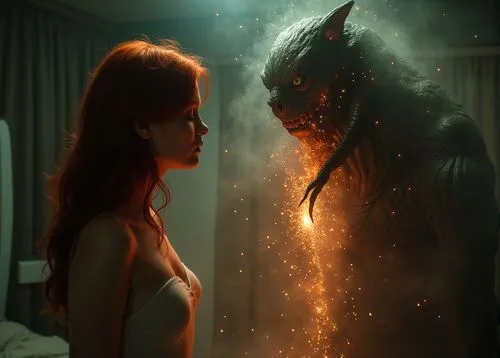 in a surreal scene, a sexy slim in one sex, aged 22 with dark, wavy red hair, stands before a anthropomorphic Lovecraftian eldritch monster. The creature's deadly force engulfs his body and engulfs hi