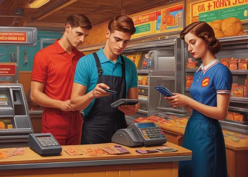 retro diner,cashier,convenience store,cash register,soda fountain,game illustration,supermarket,vending machines,fast food restaurant,sci fiction illustration,deli,shopkeeper,soda shop,workers,clerk,customers,minimarket,slot machines,workforce,gas-station,Illustration,Retro,Retro 16