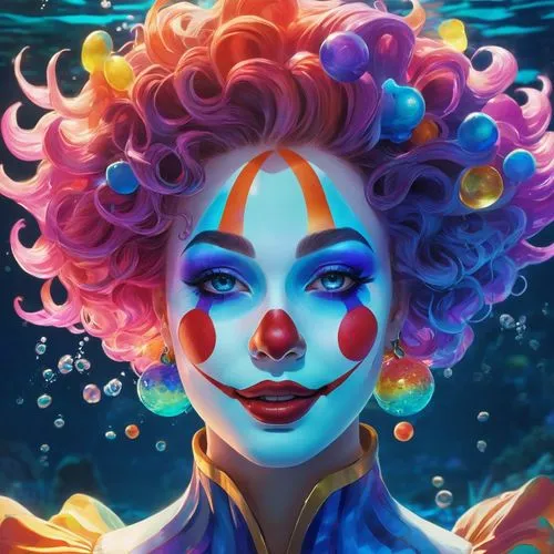 creepy clown,clown,scary clown,horror clown,klown,ichetucknee,aquaria,pennywise,klowns,cirque,cirque du soleil,fantasy portrait,under the water,bozo,scuba,underwater background,jester,clowned,jinx,harlequin,Illustration,Realistic Fantasy,Realistic Fantasy 20