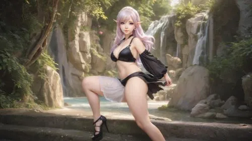 a female anime in black is posing by a waterfall,tiber riven,riven,serah,alodia,vi,tera