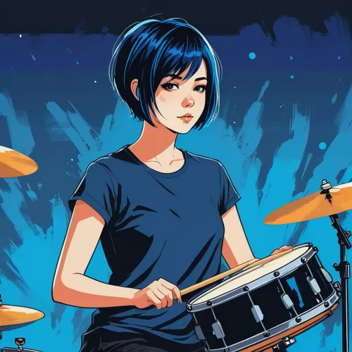 A girl with short hair. Her hair is black with several streaks dyed blue. She plays the drum instrument at a rock concert,drumming,drummer,drum brighter,drum club,blue background,rock band,drums,drum,