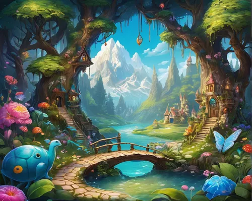 fairy village,fairy world,fairy forest,fantasy landscape,mushroom landscape,druid grove,elven forest,cartoon video game background,fairy house,enchanted forest,fairytale forest,fantasy world,fantasy picture,3d fantasy,wishing well,children's background,forest glade,bird kingdom,game illustration,mushroom island,Illustration,Paper based,Paper Based 04