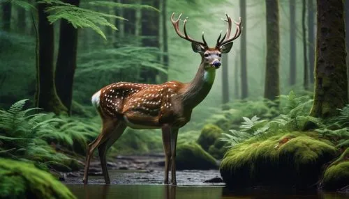 Majestic ai deer, standing, forest, morning dew, gentle eyes, brown fur, white spots, delicate legs, slender body, beautiful antlers, soft lighting, misty atmosphere, surrounded by tall trees, vibrant