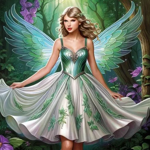 Taylor Swift with long hair as a fairy,a girl in white dress with green wings,fairy queen,faerie,faery,fairy,garden fairy,tinkerbell,Conceptual Art,Fantasy,Fantasy 30