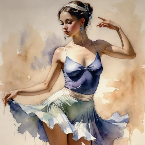 beautiful female dancer, dressed in a sexy attire for dance class; waterpainting style,watercolor pin up,dancer,danseuse,domergue,fonteyn,ballet dancer,ballerina girl,watercolor painting,sylphide,ball