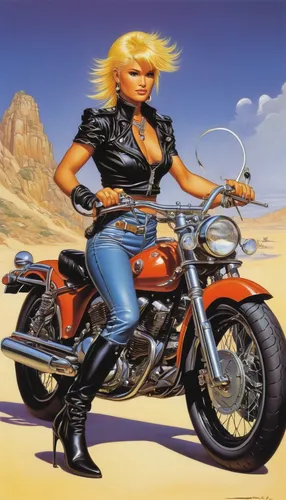 xuxa, with motorcycle, in the style of Boris Vallejo,biker,harley-davidson,motorbike,motorcycling,harley davidson,motorcycle,motorcycles,motorcyclist,connie stevens - female,motorcycle racer,motor-bik