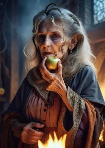 portrait of an old witch holding a wormy apple,woman eating apple,rumplestiltskin,rumpelstiltskin,radagast,druidry,candlemaker,eating apple,mabon,wassail,baked apple,wassailing,vladislaus,raistlin,gri