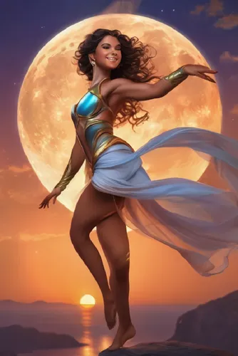 A woman dances in moonlight,inanna,oshun,moana,fantasy picture,poornima,amphitrite,moondance,blue moon rose,divine healing energy,baoshun,sun moon,full moon day,purnima,celtic woman,moon and star back