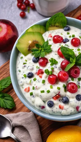 Fruit Raita,raita,tzatziki,berries on yogurt,plain fat-free yogurt,blue cheese dressing,herb quark,avgolemono,ekmek kadayıfı,strained yogurt,sauce gribiche,berry quark,ranch dressing,yoghurt productio