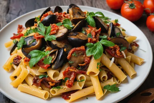 A delicious pasta dish with chorizo, portobello mushrooms, sun-dried tomatoes, and plenty of garlic!,tagliatelle,colorful pasta,pappardelle,penne,pasta salad,seafood pasta,italian pasta,penne alla vod