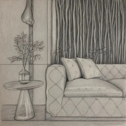 a drawing of a couch and table with a flower vase,charcoal drawing,graphite,pencil and paper,charcoal,sitting room,mezzotints,Design Sketch,Design Sketch,Pencil