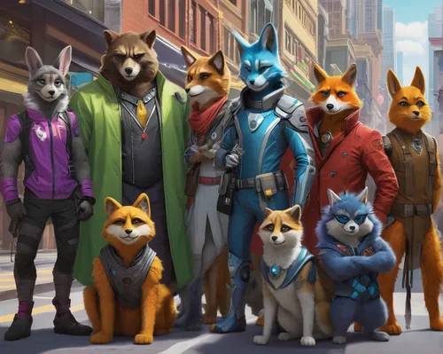 color dogs,group photo,dog street,foxes,furta,street dogs,suits,rescue alley,fox hunting,animal lane,fur clothing,stray dogs,canine,businessmen,villagers,caper family,fraternity,redfox,animal company,artists of stars,Illustration,American Style,American Style 11