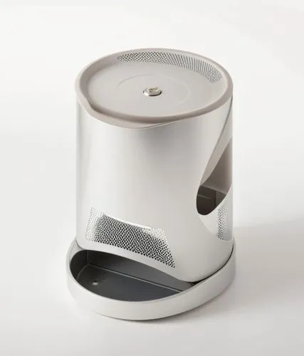 Automatic Cat Feeder
前方有透明视窗,a white trash can on a table with a black and gray lid,coffee grinder,beautiful speaker,pc speaker,digital bi-amp powered loudspeaker,loudspeaker,aircell,Photography,Gener