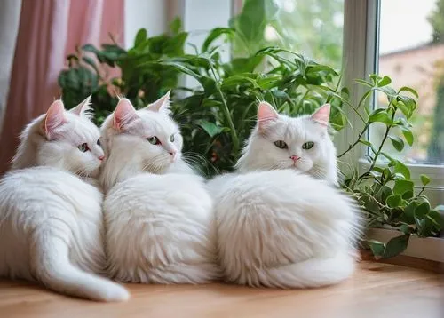 Hermosos gatos, two white cats, sitting, lying down, stretching, playing, cute eyes, pink nose, fluffy fur, whiskers, ears up, soft lighting, warm atmosphere, indoor scene, cozy living room, wooden fl