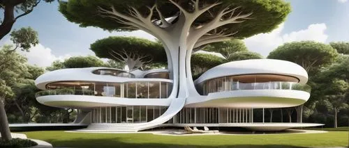 futuristic architecture,treehouses,trumpet tree,3d rendering,damac,flourishing tree,Photography,General,Realistic